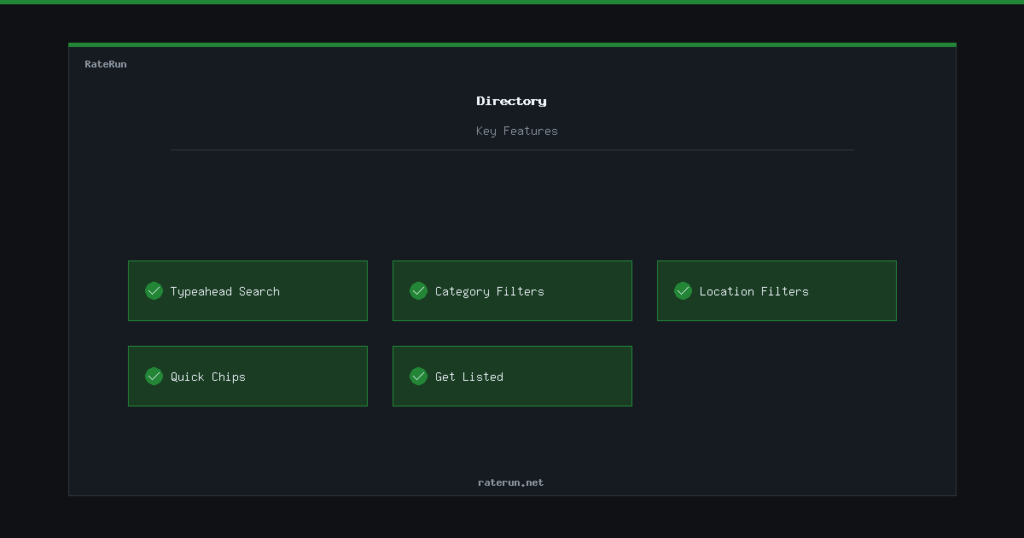 RateRun directory with search, category filters, and location-based browsing
